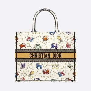 Design BAG NEW ARRIVAL - CD LARGE BOOK TOTE LATTE MULTICOLOR PIXEL ZODIAC EMBROIDERY 42CM for women - Dubai Fashion LUX
