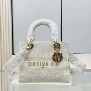 Design MEDIUM LADY D-LITE BAG Gold-Tone and White Butterfly Around The World Embroidery - Dubai Fashion LUX