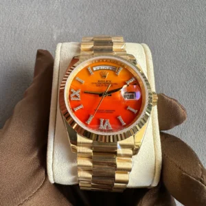 Rolex Day-Date 36 Orange Diamond Dial Full Yellow Gold - copywatchesdubai.com